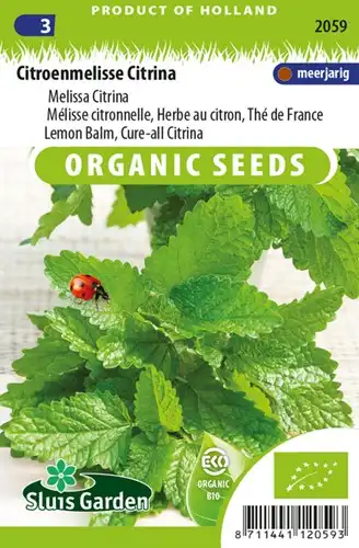 Citroenmelisse Biologisch geteelde zaden. Citroenmelisse werd medicinaal al tweeduizend jaar geleden door de Grieken gebruikt en is vernoemd naar de honingbij (Melissa in het Grieks). Een echte bijenplant, waarbij het blad bij kneuzing een zacht citroenachtige geur afgeeft en ook de smaak op citroen lijkt. Heerlijk in thee en o.a. vis en salades.