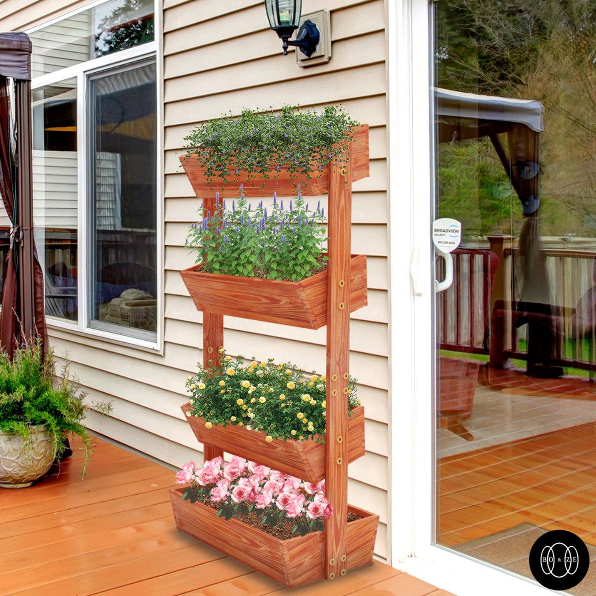 Houten kweekbak op poten met etages Houten moestuinbak op poten met etages